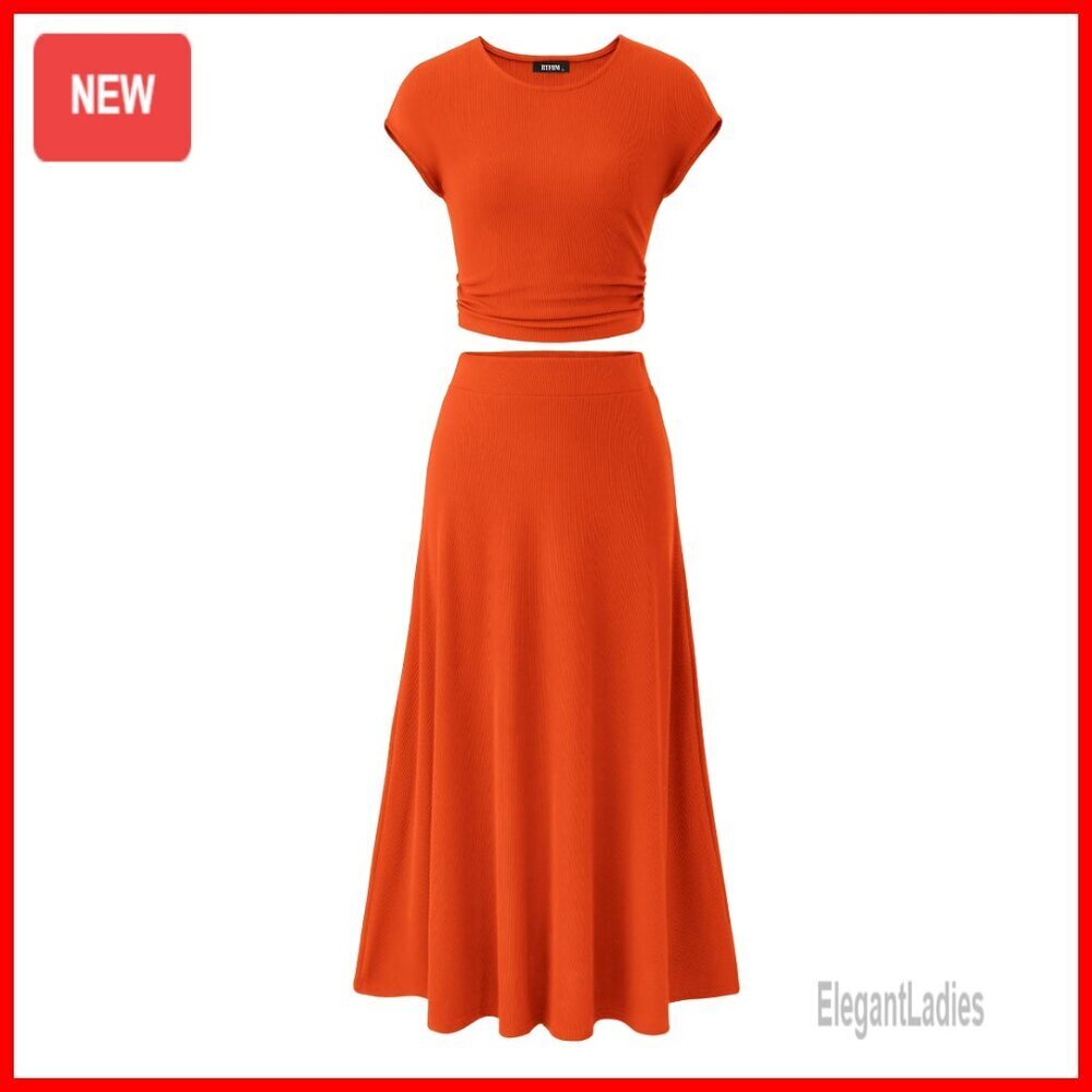 Ribbed Knit Two Piece Set Cropped Top Midi Skirt Lounge Outfit